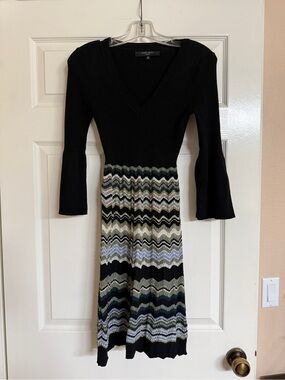 Nine West Black Knit Midi Dress with Chevron Skirt small